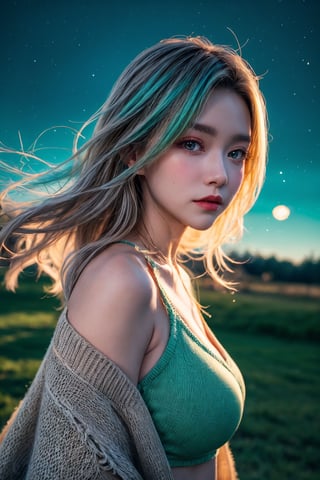 (close-shot photo:1.4) of a beatutiful woman wearing white underwear and cardigan on a open field, embers of memories, colorful, (photo-realisitc), nebula background, nebula theme,exposure blend, medium shot, bokeh, (hdr:1.4), high contrast, (cinematic, teal and green:0.85), (muted colors, dim colors, soothing tones:1.3), low saturation,fate/stay background,yofukashi background,(pureerosface_v1:0.8), (ulzzang-6500-v1.1:0.8),breasts,Beautiful eyes ,ASU1,bare shoulders,dream_girl,midjourney