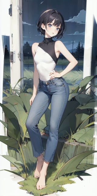 [1girl:4], [mature female:4], [pale skin:4], [short hair:4], [black hair:4], [small breast:4], [black shirt:4], [turtleneck:4], [sleeveless turtleneck:4], [bare shoulder:4], [blue jean:4], [long pants:4], [bare feet:4], night, [grass field:1], masterpiece, best quality, ultra detailed, highres 