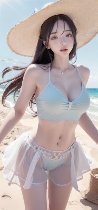 ((score_9, score_8_up)), (Anime, Pastel color, Perfect anatomy, Perfect body, Perfect face, Intricate details, Cinematic lighting, 32k), (Vibrant color accuracy), On a sunlit summer afternoon, a carefree woman in a flowing sundress and wide-brimmed hat exudes joy as she dances barefoot on the sandy beach.