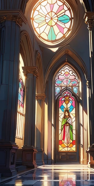 best quality,illustration, highres, sharp focus, 8k raw wallpapers, ((Large and wide various color stained glass:1.2)), multi windows, sunny , big doors, marble big pillar , chaple background, candle decorated in door, 16 years old, kky ,, , Frilled white short dress, sexy pose, , graceful face, white long boots, wear gold long gloves, perfect body, silver shinny, white wavy long hair, gold altars, multi corlor lights indoors , show panties, ,looking at viewer, full body:1.3, long legs, crown, queen's coronation, looking at viewer. embarrased face,