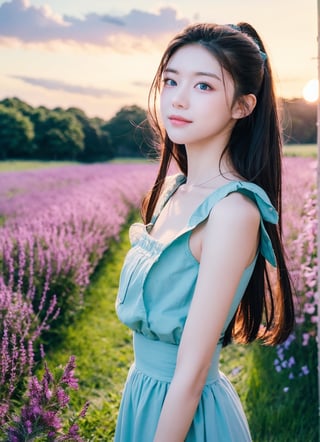 A dreamy girl in a short dress is looking up at the sky while walking through a field of wild flowers, with a breeze blowing during sunset, watercolor illustration, anime style of a teenage girl with sparkling blue eyes and a gentle smile Portrait,