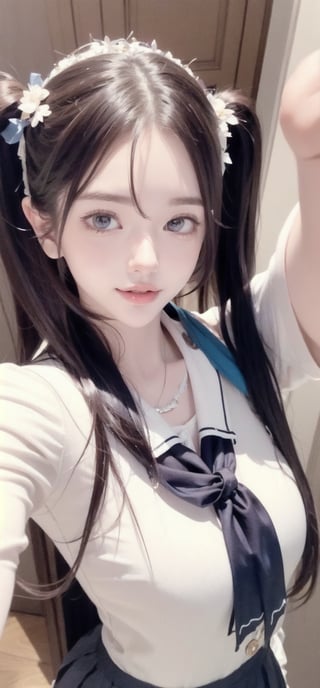 (natural soft light, bloom), 21-year-old, (Best Quality, Masterpiece, high resolution), (beautiful and detailed eyes), (realistic detailed skin texture), (detailed hair), (realistic light and detailed shadow), (real and delicate background), vibrant colors, female, (upper body:1.5), (selfie:1.5), 1girl, solo, long hair, blue eyes, black hair, (grin smile), ((twintails)), looking at viewer, long sleeves, school uniform, white shirt, sailor collar, handkerchief, blue colored bow, black sailor necklace, blue scarf, the beautiful clothes, the perfect clothes, perfect hands, pretty face, boyish face, full body, nice stockings, walking, night, dungeon, storm, fire,YurigaokaUniform