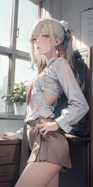 a girl in the office, 22 years old, plant, window, Sexy photo, ((best quality)), ((intricate details)), ((surreal)), H, milf, view, Very detailed, illustration, 1 girl, ((small breasts)), perfect hands, Detailed fingers, Beautiful and delicate eyes, long hair, brown eyes,slim legs, (business attire:1.2), open office shirt, tight skirt, black collar, earrings, , Detailed background, bedroom, perfect eyes, Seductive eyes, looking at the audience, from below,line anime,High detailed