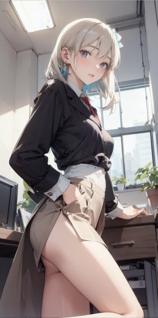 a girl in the office, 22 years old, plant, window, Sexy photo, ((best quality)), ((intricate details)), ((surreal)), H, milf, view, Very detailed, illustration, 1 girl, ((small breasts)), perfect hands, Detailed fingers, Beautiful and delicate eyes, long hair, brown eyes,slim legs, (business attire:1.2), open office shirt, tight skirt, black collar, earrings, , Detailed background, bedroom, perfect eyes, Seductive eyes, looking at the audience, from below,line anime,High detailed