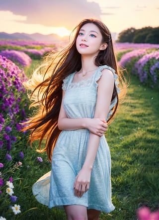 A dreamy girl in a short dress is looking up at the sky while walking through a field of wild flowers, with a breeze blowing during sunset, wind blown long hair, wind blown flower petals everywhere, watercolor illustration, anime style of a 19 years old girl with sparkling blue eyes and a gentle smile Portrait,Eunji