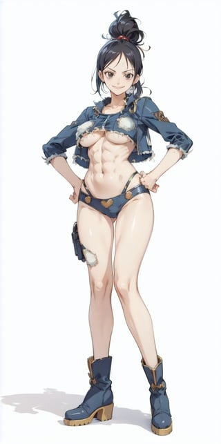 Nico Robin from one piece anime tv series, (pointy breasts:1.2), underboob, rugged and tattered clothing, fit abs, wide hips, smirk, Futurism, white_background, [wide shot], navel, hands_on_hips, boots, only Character, [wide shot],