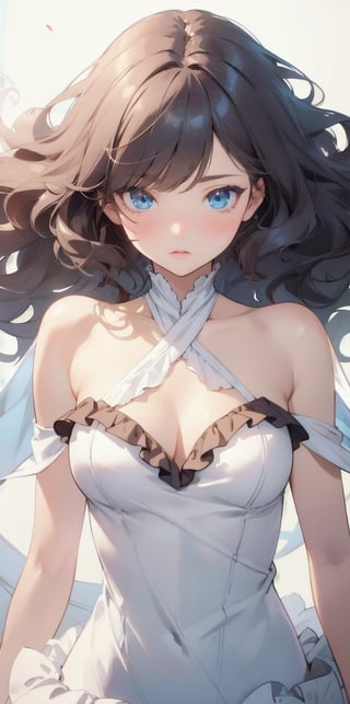 (extremely detailed CG unity 8k wallpaper),(((masterpiece))), (((best quality))), ((ultra-detailed)), (best illustration),(best shadow), ((an extremely delicate and beautiful)),dynamic angle,floating, solo,((1girl)),{long wavy curly hair},expressionless,,silk shawl, frills,cute anime face,blush,(beautiful detailed eyes),Extremely Realistic,1 girl