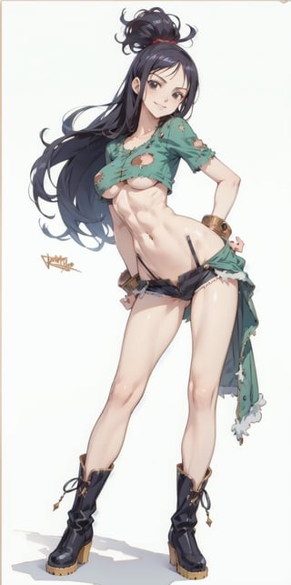 Nico Robin from one piece anime tv series, (pointy breasts:1.2), underboob, rugged and tattered clothing, fit abs, wide hips, smirk, Futurism, white_background, [wide shot], navel, hands_on_hips, boots, only Character, [wide shot],