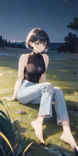 [1girl:4], [mature female:4], [pale skin:4], [short hair:4], [black hair:4], [small breast:4], [black shirt:4], [turtleneck:4], [sleeveless turtleneck:4], [bare shoulder:4], [blue jean:4], [long pants:4], [bare feet:4], night, [grass field:1], masterpiece, best quality, ultra detailed, highres 