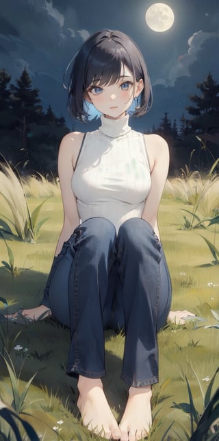 [1girl:4], [mature female:4], [pale skin:4], [short hair:4], [black hair:4], [small breast:4], [black shirt:4], [turtleneck:4], [sleeveless turtleneck:4], [bare shoulder:4], [blue jean:4], [long pants:4], [bare feet:4], night, [grass field:1], masterpiece, best quality, ultra detailed, highres 