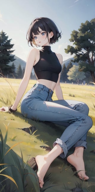 [1girl:4], [mature female:4], [pale skin:4], [short hair:4], [black hair:4], [small breast:4], [black shirt:4], [turtleneck:4], [sleeveless turtleneck:4], [bare shoulder:4], [blue jean:4], [long pants:4], [bare feet:4], night, [grass field:1], masterpiece, best quality, ultra detailed, highres 