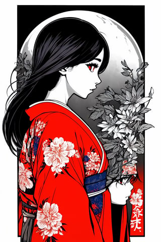1girl,  solo,  black hair,  red eyes,  japanese clothes,  letterboxed,  kimono,  profile,  floral print,  from front,   <oniNFT-block:1,  , nijilorawolf, ,monochrome,ink,midjourney,cartoon