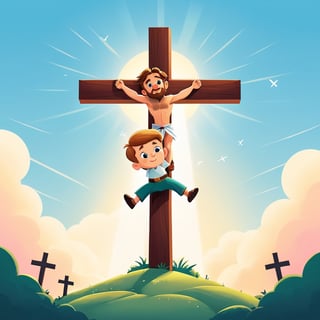 arafed image of a man on a cross with a sky background, a picture by Bernard Meninsky, shutterstock, unilalianism, jesus on the cross, jesus on cross, jesus christ on the cross, crucifixion, crucifix, shadow of the cross, jesus christ, the lord and savior, crucifixion of conor mcgregor, cross, holy,cute cartoon ,Flat vector art,Drawing of a little girl 