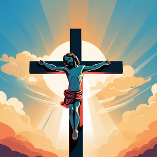 arafed image of a man on a cross with a sky background, a picture by Bernard Meninsky, shutterstock, unilalianism, jesus on the cross, jesus on cross, jesus christ on the cross, crucifixion, crucifix, shadow of the cross, jesus christ, the lord and savior, crucifixion of conor mcgregor, cross, holy,cute cartoon ,Flat vector art,Drawing of a little girl 