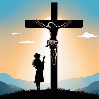 arafed image of a man on a cross with a sky background, a picture by Bernard Meninsky, shutterstock, unilalianism, jesus on the cross, jesus on cross, jesus christ on the cross, crucifixion, crucifix, shadow of the cross, jesus christ, the lord and savior, crucifixion of conor mcgregor, cross, holy,cute cartoon ,Flat vector art,Drawing of a little girl 