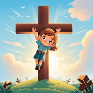 arafed image of a man on a cross with a sky background, a picture by Bernard Meninsky, shutterstock, unilalianism, jesus on the cross, jesus on cross, jesus christ on the cross, crucifixion, crucifix, shadow of the cross, jesus christ, the lord and savior, crucifixion of conor mcgregor, cross, holy,cute cartoon ,Flat vector art,Drawing of a little girl 