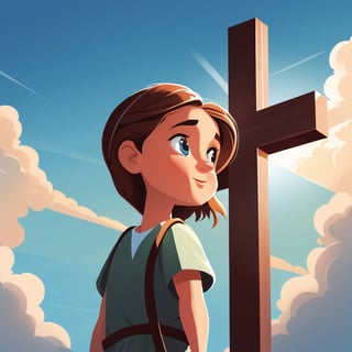 arafed image of a man on a cross with a sky background, a picture by Bernard Meninsky, shutterstock, unilalianism, jesus on the cross, jesus on cross, jesus christ on the cross, crucifixion, crucifix, shadow of the cross, jesus christ, the lord and savior, crucifixion of conor mcgregor, cross, holy,cute cartoon ,Flat vector art,Drawing of a little girl 