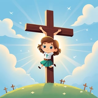 arafed image of a man on a cross with a sky background, a picture by Bernard Meninsky, shutterstock, unilalianism, jesus on the cross, jesus on cross, jesus christ on the cross, crucifixion, crucifix, shadow of the cross, jesus christ, the lord and savior, crucifixion of conor mcgregor, cross, holy,cute cartoon ,Flat vector art,Drawing of a little girl 