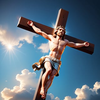 2
arafed image of a man on a cross with a sky background, a picture by Bernard Meninsky, shutterstock, unilalianism, jesus on the cross, jesus on cross, jesus christ on the cross, crucifixion, crucifix, shadow of the cross, jesus christ, the lord and savior, crucifixion of conor mcgregor, cross, holy,cute cartoon ,Flat vector art,3D