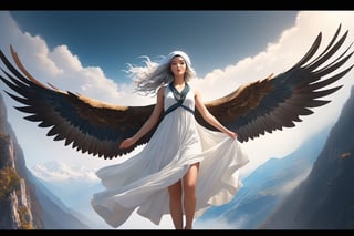 Eagle, soaring, narrow, mountain gorge, high in the sky,full body,famale,zen style, still film, cold color, l vibrant and volumetric light (masterpiece, top quality, best quality, official art, beautiful and aesthetic: 1.2), extremely detailed, (abstract, fractal art: 1.3), colorful hair, more detailed, detailed_eyes, 18 year old famale face, perfect body, five fingers, perfect hands, anatomically perfect body, (black eyes), (gray hair), very headscarf hair, long white plain dress, white shorts, dynamic angle, depth of field, hyper detailed, highly detailed, beautiful, small details, ultra detailed, best quality, 4k,((full body)), face to jesus,photo r3al