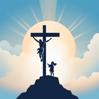 arafed image of a man on a cross with a sky background, a picture by Bernard Meninsky, shutterstock, unilalianism, jesus on the cross, jesus on cross, jesus christ on the cross, crucifixion, crucifix, shadow of the cross, jesus christ, the lord and savior, crucifixion of conor mcgregor, cross, holy,cute cartoon ,Flat vector art,Drawing of a little girl 