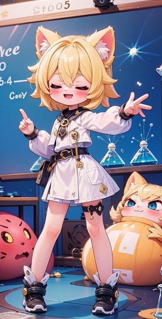 (masterpiece), (science fiction:1.4), light particles, 1girl, medium hair, sidelocks, yellow hair, closed eyes, eyes pose >_<, cat ears, happy pose, smile pose, joyml