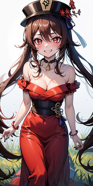 1girl, hu tao (genshin impact), hat, flower on hat, brown hair, twintails, dress, long hair, off-shoulder dress, ahoge, red dress, bare shoulders, grin, red eyes, Japanese clothing, ponytail, hair white, purple eyes, magic circle, blue flame, blue flame, depth of field, 1girl, female_solo, in the grassy field, light particles, light rays, flower-shaped pupil side light, blush, bangs, breasts, collarbone bones, solo, nail polish, black nails, ribbon chokers, bows, hair between the eyes, hair ornaments, sidelocks, cleavage, bracelets, very long hair,white background