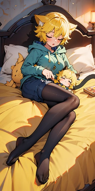 1 beautiful girl with yellow hair wearing a hoodie, asleep, perfect breasts, extreme short hair, cat ears, short tail, FUJI on cheeks, solo, yellow hair, holding a doll, in the middle of the bed, sleeping, bedroom background, bright, joyml,