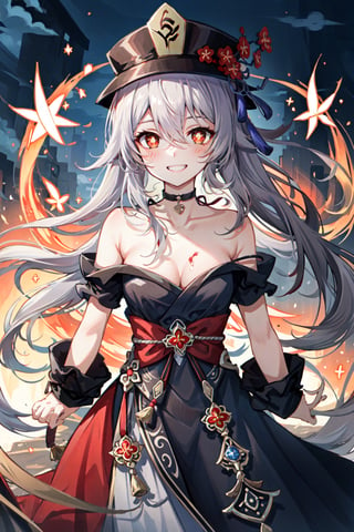 1girl, hu tao (genshin impact), hat, flower on hat,brown hair, twintails, smile, dress,  long hair, off-shoulder dress, ahoge, looking at viewer,  red dress, bare shoulders, grin, red eyes, japanese clothes, ponytail ,white hair, purple eyes, magic circle, blue fire, blue flames, wallpaper, landscape, blood, blood splatter, depth of field, night, light particles, light rays, sidelightingflower-shaped pupils, blush, bangs, breasts, choker, collarbone, solo, nail polish, black nails, ribbon choker, bow, hair between eyes, hair ornament, sidelocks, cleavage, wrist ribbon, very long hair, teeth, cowboy shot 