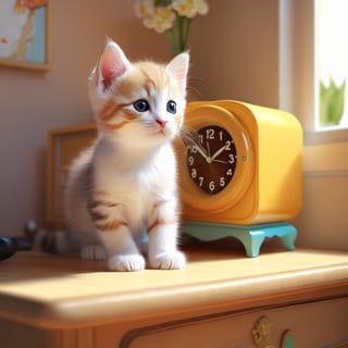 kitten playing in room, digital rendering, by Goro Fujita, Shutterstock, in room, clock on mini dresser, super cute, stock photo, NYFlowerGirl, Xxmix_Catecat, sticker, F41Arm0rXL,Leonardo Style