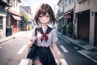 vibrant colors, masterpiece, sharp focus, best quality, depth of field, cinematic lighting, (illustration, 8k CG, extremely detailed), masterpiece, ultra-detailed, (solo),1 girl around 15 years old looks cute ,afraid,  medium brown hair, brown hair, pink eyes,dress in highschool, wear a school bag, walking , background in the street near the road , cars pass  