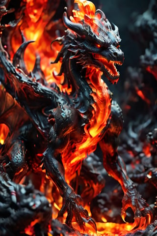 a terrifying and hellish black dragon, oozing and dripping lava