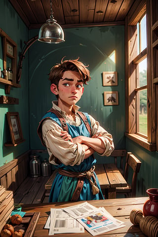 1 man, average build, wearing peasant clothing from modeval age, brown hair, (geen eyes), 18 years old, inside an old rustic tavern