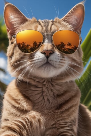 hyper detailed photograph of a cat wearing sunglasses under a tropical sky, daytime,|photographic, realism pushed to extreme, fine texture, incredibly lifelike, cinematic, large format camera, photo realism, DSLR, 8k uhd, hdr, ultra-detailed, high quality, high contrast