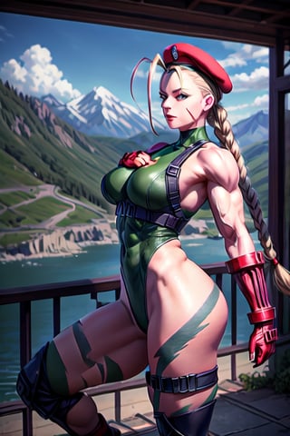 sfr1v, facial portrait, sexy stare, smirked, fighting stance, mountains, birds, trees, waterfall, hodoken,cammy, cammy white,hat,long hair,beret,braid,twin braids,gloves,green leotard,blue eyes,fingerless gloves.scar,highleg leotard,antenna hair,highleg,lips,red gloves,muscular,red headwear,large breasts,camouflage,thick thighs,covered navel,thong leotard,muscular female,abs,scar on face,thigh strap,bare shoulders,bodypaint, sf6,cammy_green_bodysuit_aiwaifu