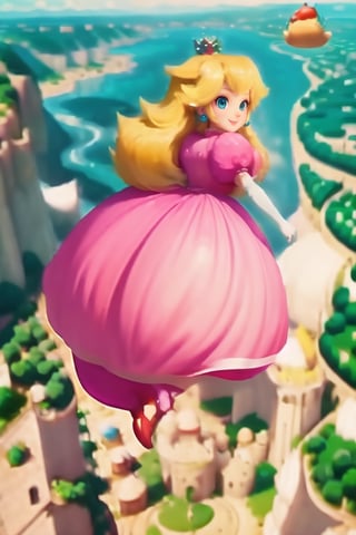 Peach_SMP, , memewaifu, 1girl, solo, dress, heels, curvy body, mushroom kingdom, castle, smile, masterpiece, highres, detailed foreground, mushroom field, jumping over a bridge,   ,princess_peach,Peach_SMP,floating in the air,xuer flies over,,<lora:659111690174031528:1.0>,<lora:659111690174031528:1.0>