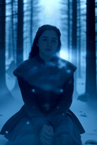 Masterpiece, Best quality, (1girl), (best quality), (masterpiece), (high resolution), (intricate details), (photorealistic), (cinematic light), busty, with a her sword at her hands, sitting on a stone in the middle of a winter forest, look into the distance, snowy wild forest, It's cold, it's snowing, beautiful face and slim body, ((steam from the mouth)), a deep look, thick fog, photorealism, photographic appearance, RAW style.,Snow,Game of Thrones,,<lora:659111690174031528:1.0>