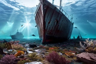 (stunning masterpiece: 1.3), ((12k HDR)), ((under water)), A photo of a marine scientist diver studying remains of a ship, the keel is sunk to the bottom, the ship is split in half, Creatures of Deep waters that inhabit the area, adding to the ominous atmosphere, Lurk in the shadows, Inside and outside the twisted metal wreckage. The colors of the place are muted and gloomy, with rusty metal and rotting wood creating a sense of decay and neglect. Although the surface of the water is calm, ((sun rays)), ((Brilliant diamond splatter)), swirl of air bubbles, sharp focus, intricate detail, high detail, digital art, bright beautiful splatter, sparkling, stunning digital art, interspersed with vibrant colors and surreal fantasy lighting, super detail, digital photography, 8k, sharp focus, ,no_humans