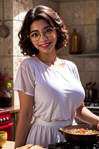 mirabel madrigal, 35 yrs old, MirabelST, blusa blanca con escote en V pronunciado, sagging breasts, denin short color verde, short ajustado, glasses retrato de cuerpo entero, pechos grandes, cocinando, fondo cocina tradicional pelicula Encanto, lentes, Maribel Madrigal de Encanto, sonrisa hermosa, dinamic_pose:1.3, luz suave