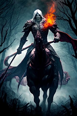 In the quiet, eerie darkness of Sleepy Hollow, a legend takes form, a tale whispered among the townsfolk with trepidation and fascination. It's a story of the Headless Horseman, a spectral jinete whose spectral presence haunts the hollow, and whose headless form strikes terror into the hearts of all who encounter it.

The Horseman's origins are shrouded in mystery, as the mist that often cloaks the woods surrounding Sleepy Hollow. Some say he was once a Hessian soldier who met his gruesome end during the American Revolutionary War, decapitated by a cannonball on the battlefield. Others speak of dark magic and curses that gave rise to his unnatural existence. Regardless of the tale one chooses to believe, the Headless Horseman is a haunting embodiment of terror.

The Horseman's appearance is a ghastly spectacle. His imposing, spectral figure is swathed in tattered, blackened garments, which flow like a sinister cape as he rides through the night. His form is both ethereal and menacing, a dark silhouette against the inky backdrop of the Hollow.

Of course, the most unsettling aspect of the Horseman's appearance is the void where his head should be. His neck is a gaping wound, a testament to the violent end he met. Some say that within the depths of the wound, one can glimpse an eerie, otherworldly light, a spectral flame that burns eternally. It is a sight that freezes the blood of those unfortunate enough to see it.

The Horseman's mode of transportation is equally ghastly. He rides a massive, demonic steed, coal-black and possessed by a furious, supernatural strength. This ghoul of a horse moves with a thunderous gallop, its hooves echoing like the drumming of doom. As the Horseman charges through the darkness, his steed's fiery eyes gleam with malevolent intelligence.

His weapon of choice is a jagged, bloodstained broadsword, a menacing instrument of doom. It is said to be capable of cleaving through anything in its path, be it flesh or bone. The Horseman wields it with an uncanny precision, striking terror into the hearts of those who cross his path.

The Horseman's presence is often heralded by the chilling sound of a hollow, otherworldly laughter. This eerie cackling echoes through the night, sending shivers down the spines of anyone who hears it. It's a sound that chills the soul and signals the approach of the spectral jinete.

His purpose is a dark and enigmatic one. The Horseman is said to be a vengeful spirit, seeking retribution for a gruesome and unjust end. Some say he seeks the head of any unfortunate soul who crosses his path, as a macabre replacement for his own lost skull. Others believe he serves as a harbinger of doom, an omen of death and disaster for those who dare to remain in Sleepy Hollow.

Encounters with the Headless Horseman are fraught with peril. Those who find themselves in his path are pursued relentlessly, their only hope of escape being the swiftest of horses or the break of dawn, which sends the jinete retreating to the shadows. There are tales of those who have faced the Horseman and lived to tell the tale, forever haunted by the memory of his terrible visage.

In Sleepy Hollow, the legend of the Headless Horseman is a constant presence, a reminder of the darkness that lingers in the night. He is a spectral figure, a malevolent jinete who rides through the Hollow, casting a shadow of fear and dread over the land. His tale is one of horror and mystery, a legend that will continue to haunt the dreams of those who dare to dwell in Sleepy Hollow, a chilling testament to the enduring power of the supernatural and the macabre.