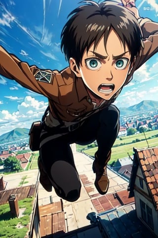 masterpiece, best quality, solo, 1boy, eren_yeager, green eyes, brown hair, paradis military uniform blue eyes, attack on Titan uniform, jumping from the roof, Attack on titan town background, eren_jaeger,High detailed ,eren_yeager,Color magic