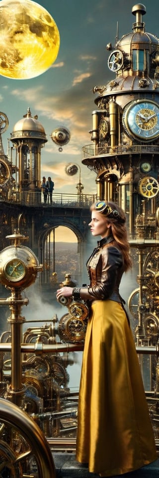 a beautiful girl looking, Streampunk themed, Clockwork  in a city, zepellin fly by sky, steampunk machinery, landscape, yellow and gold moon, dark skies, more_details:1.5

,ste4mpunk,DonMSt34mPXL,HZ Steampunk