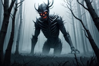 high definition, crisp quality, horror, dark, surreal, Weird, Wendigo, humanoid, extremely foggy, misty, cloudy_sky, night, trees around,monster, moving between the trees, creepy, Graphic novel,