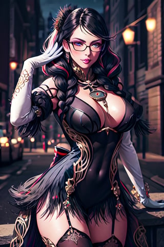 official art,extremely detailed CG unity 8k wallpaper, perfect lighting,Colorful, facial portrait, sexy stare, smirked, fighting stance, dungeons background, glasses,blue_eyes,black_hair,long_hair,two-tone_hair,twintails,breasts,jewelry,earrings,gloves,mole_under_mouth,lips,large_breasts,twin_braids,makeup,black-framed_eyewear,bodysuit,elbow_gloves,very_long_hair,lipstick,multicolored_hair,ribbon,amulet,hair_ribbon,dress,thighhighs,white_gloves,eyebangs,clothing_cutout, bayonetta_3_twintail_aiwaifu
