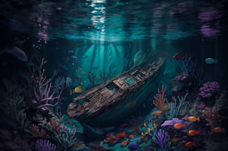 (stunning masterpiece: 1.3), ((12k HDR)), ((under water)), A photo of a marine scientist diver studying remains of a ship, the keel is sunk to the bottom, the ship is split in half, Creatures of Deep waters that inhabit the area, adding to the ominous atmosphere, Lurk in the shadows, Inside and outside the twisted metal wreckage. The colors of the place are muted and gloomy, with rusty metal and rotting wood creating a sense of decay and neglect. Although the surface of the water is calm, ((sun rays)), ((Brilliant diamond splatter)), swirl of air bubbles, sharp focus, intricate detail, high detail, digital art, bright beautiful splatter, sparkling, stunning digital art, interspersed with vibrant colors and surreal fantasy lighting, super detail, digital photography, 8k, sharp focus, ,no_humans,Mermaid