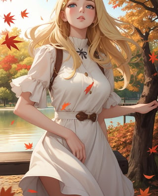 Masterpiece, highest quality, high brightness, 1girl , blonde  hair, long hair, hair ornament, nice dress, cute, masterpiece,, dinamic pose next a bench, nice park and lake, autum season, windy, leafs in the ground background,windlift