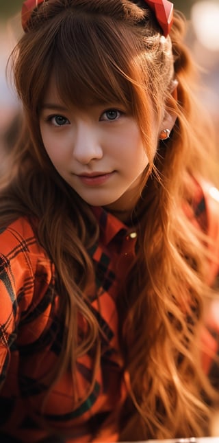 nsfw:1.4 1girl, solo, long hair, brown hair, shirt, bare shoulders, jewelry, liight smile, upper body, earrings, park outdoors, day, blurry, collar, lips, fingernails, plaid, depth of field, blurry background, red shirt, nature, corset, curly hair, realistic, hand on headwear, plaid shirt,Asuka Langley Soryu