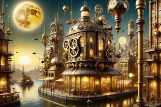 Streampunk themed, Clockwork  in a city, zepellin fly by sky, steampunk machinery, landscape, yellow and gold moon, dark skies, more_details:1.5

,ste4mpunk,DonMSt34mPXL