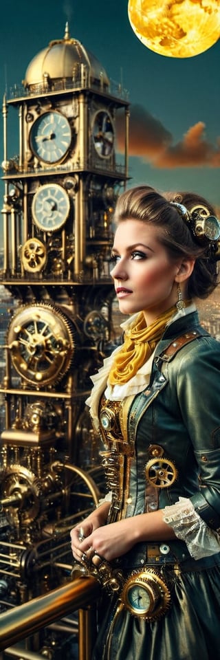 a beautiful girl looking, Streampunk themed, Clockwork  in a city, zepellin fly by sky, steampunk machinery, landscape, yellow and gold moon, dark skies, more_details:1.5

,ste4mpunk,DonMSt34mPXL,HZ Steampunk