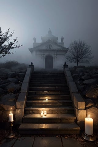 black and white photoreal night shot with lots of fog. Image of a stone staircase with steps slightly lit by candles leading to a gate. Fog, shrubs, leafless branches, gloomy and distressing environment, candlelight
,photorealistic,rfktrfod